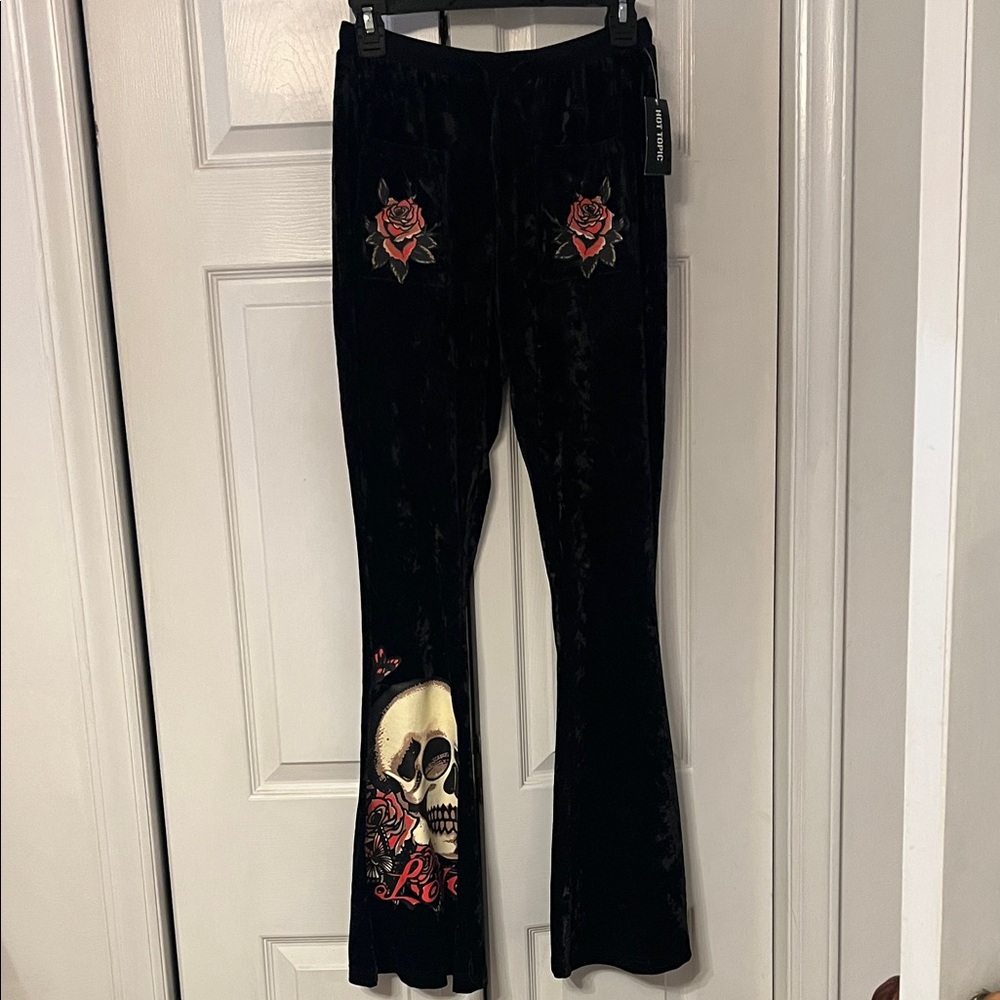 Hot topic tattoo art black flare velvet pants